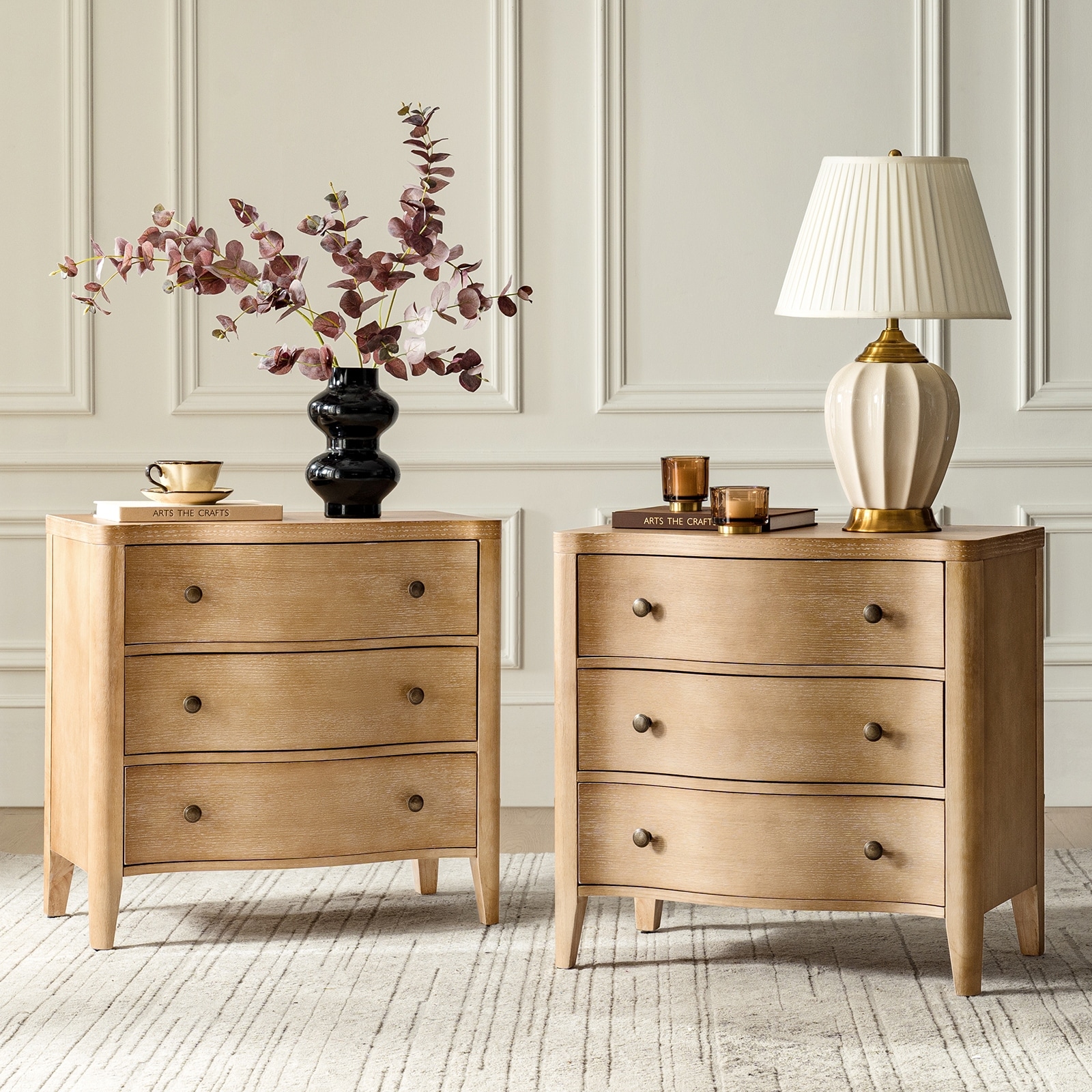 HULALA HOME Kiaus Farmhouse 27'' W 3-Drawer End Table-NATURAL ith Built-In Charging Station Set of 2