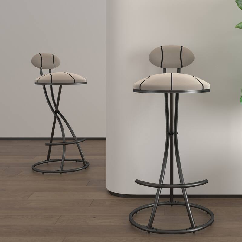 Contemporary Set of 2 Round Bar Stools Featuring S-Shaped Striped Design - Premium Velvet Upholstered Counter Height Seating.
