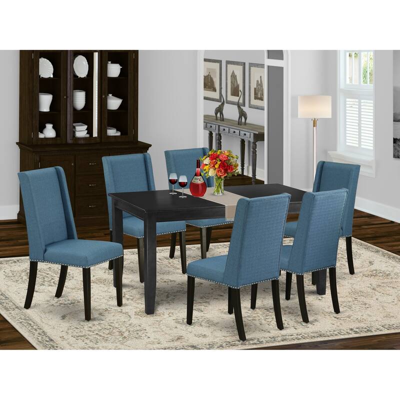 East West Furniture 7 Piece Dinette Set- a Rectangle Dining Room Table and 6 Linen Fabric Parson Chairs, (Finish Option)