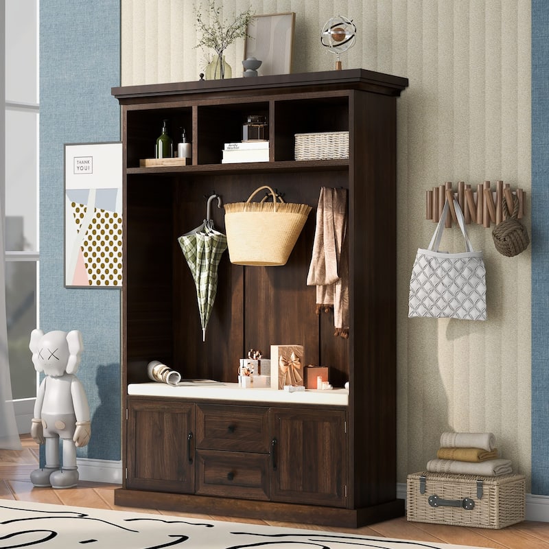 47"W Hall Tree with 3 Metal Double Hooks,3 Open Shelves,Shoe Storage - 3-in-1