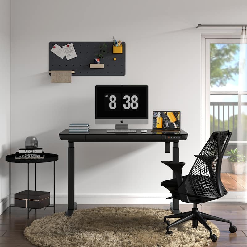 KOWO 48 Inch Glass Electric Standing Desk with Tempered Glass Top Adjustable Height Sit Stand Workstation for Modern Office - 48 - Black