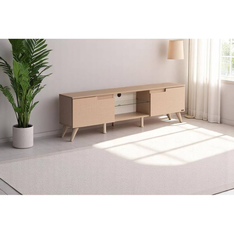 Dannie Modern TV Stand with 2 Doors Storage Cabinets 1 Glass Shelf, Wood Finish, Living Room Entertainment Center