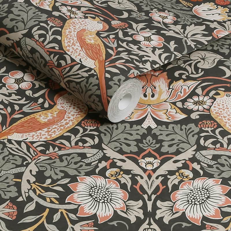 William Morris Strawberry Thief Charcoal Wallpaper