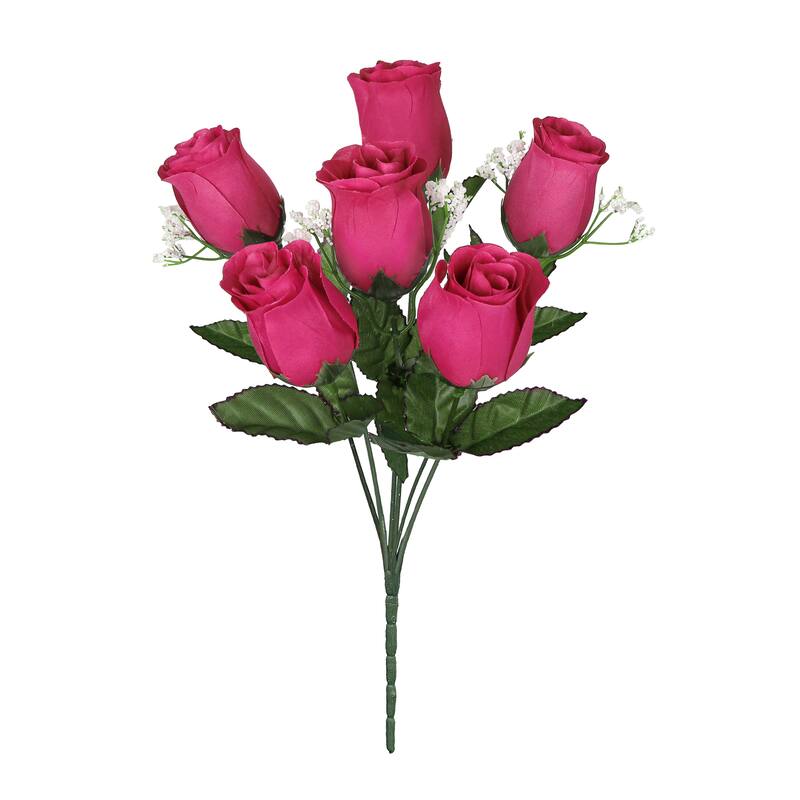 Set of 12 Hot Pink Artificial Rose Bud Flower Stem Bush Bouquet 14in - 14" L x 6" W x 6" DP