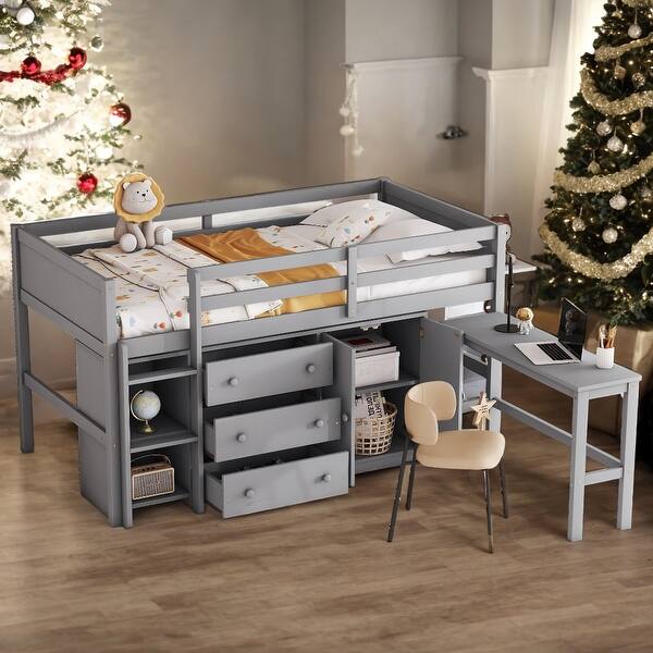 slide 2 of 16, Twin Size Low Loft Bed With Pull-Out Desk,Drawers,Cabinet and Shelves for Home Grey