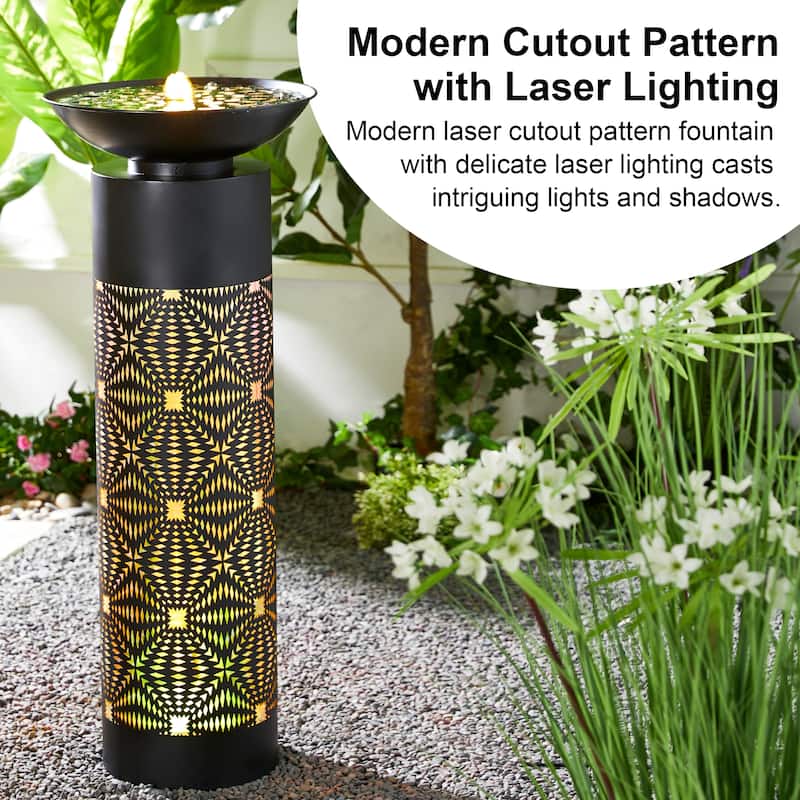 Glitzhome Oversized Metal Cutout Laser LED Lights Outdoor Fountain with Birdbath