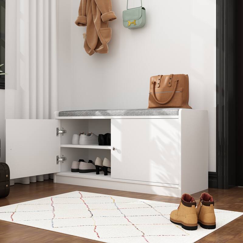 35.8"W White Storage Bench with Drawers and Padded Seat Cushion