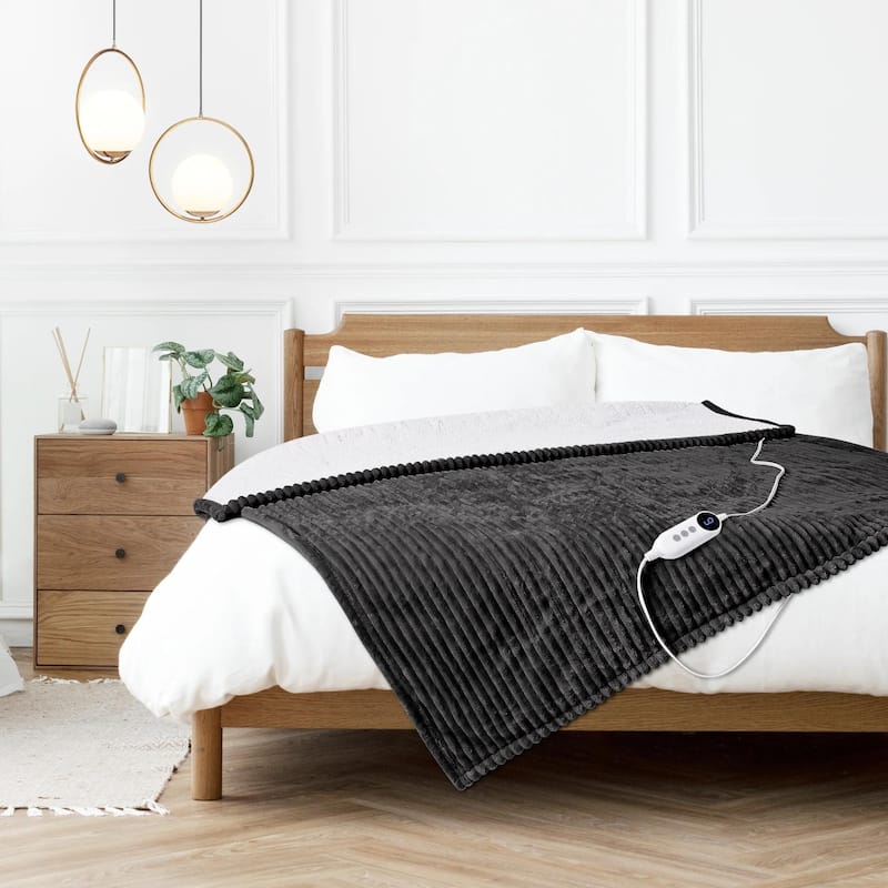 Reversible Flannel & Sherpa Electric Blanket, Heated Throw with Temperature and Timing Functions of a Controller