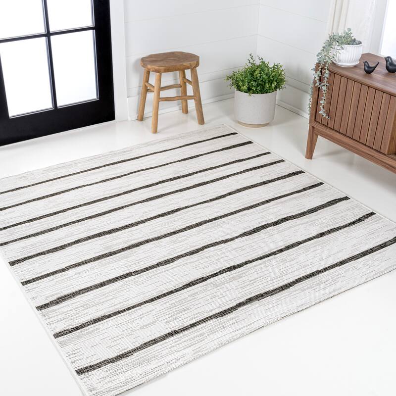 JONATHAN Y Andratx Berber Stripe Indoor/Outdoor Area Rug - 6' Square - Ivory/Black