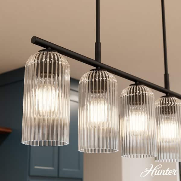 slide 2 of 13, Hunter + Jasmine Roth Beverly Glen Ribbed Glass Round and Linear Chandelier - Transitional, Contemporary, Glam 5-Light Linear - Matte Black - Clear Glass