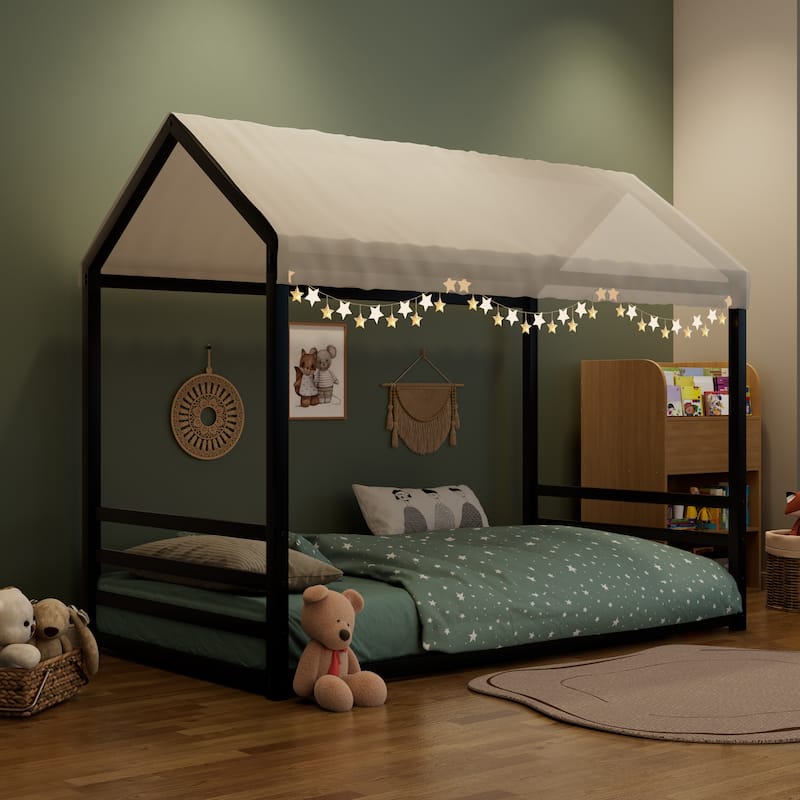 Montessori Style Metal Floor Bed Frame, House Shaped Bed for Kids and Toddlers, No Slats, House Bed