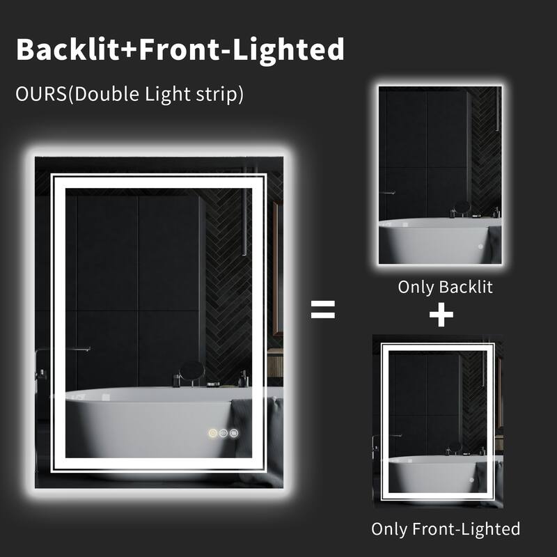 Large Rectangular Frameless Anti-Fog LED Wall Bathroom Vanity Mirror - 32'' x 24''