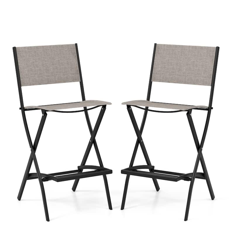 Set of 2 Outdoor Bar Chair Folding Bar Height Stool with Metal Frame - Brown