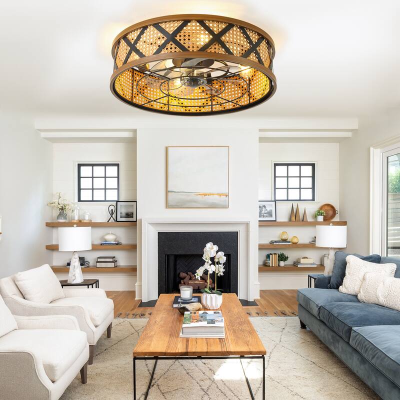 Cusp Barn 23" Boho Rattan Flush Mount Low Profile 6 Speeds Reversible Caged Ceiling Fan with Light and Remote for Bedroom