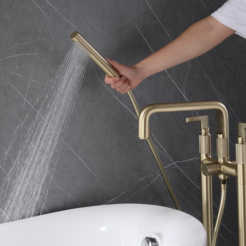33" H Solid Brass Floor Mounted Freestanding Tub Faucet with Hand Shower and Diverter