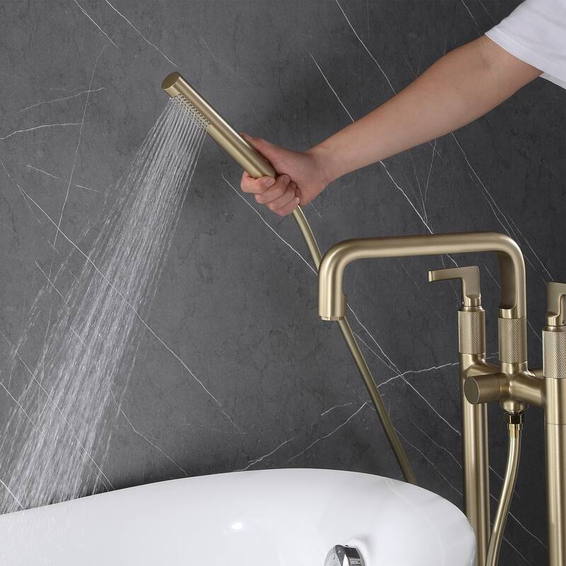 33" H Solid Brass Floor Mounted Freestanding Tub Faucet with Hand Shower and Diverter