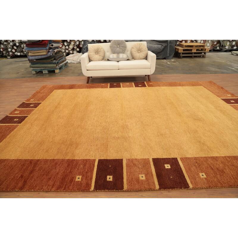 Hand Knotted Oriental 100% Wool Carpet Modern Geometric Yellow & Gold Gabbeh Area Rug - 12' 9'' X 9' 11''