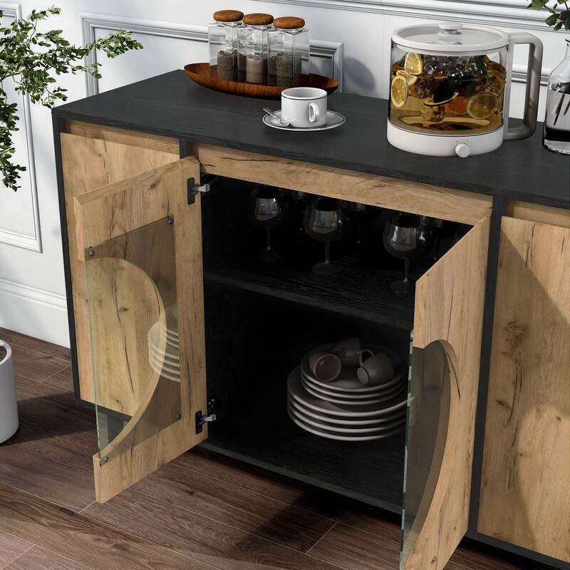 DH Basic Mid-Century Modern Light Oak and Black 6-shelf Buffet by Denhour