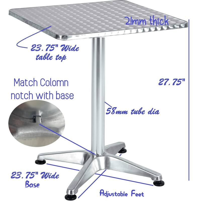 BTEXPERT Indoor Outdoor 23.75" Square Restaurant Table Steel Aluminum + 2 Black Metal Stack Chairs