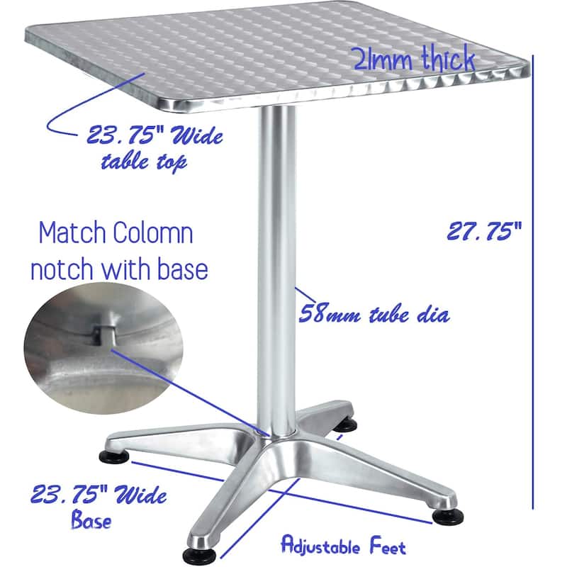 BTEXPERT Indoor Outdoor 23.75" Square Restaurant Table Steel Aluminum + 2 Brown Flexible Sling Stack Chairs