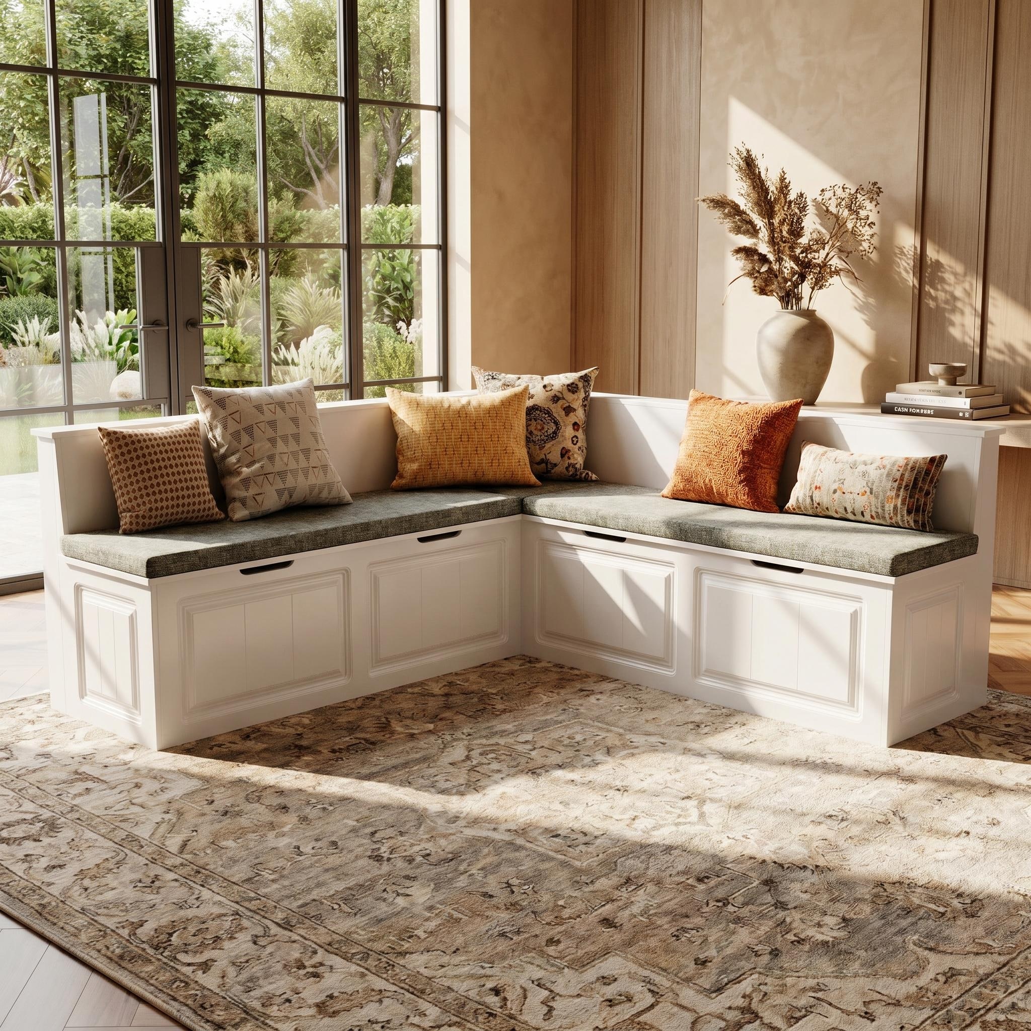 L Shaped Storage Bench with Hidden Storage, Corner Entryway Bench with Cushions, White Mudroom Bench