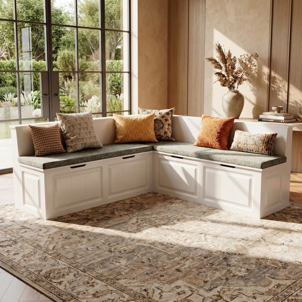 L Shaped Storage Bench with Hidden Storage, Corner Entryway Bench with Cushions, White Mudroom Bench