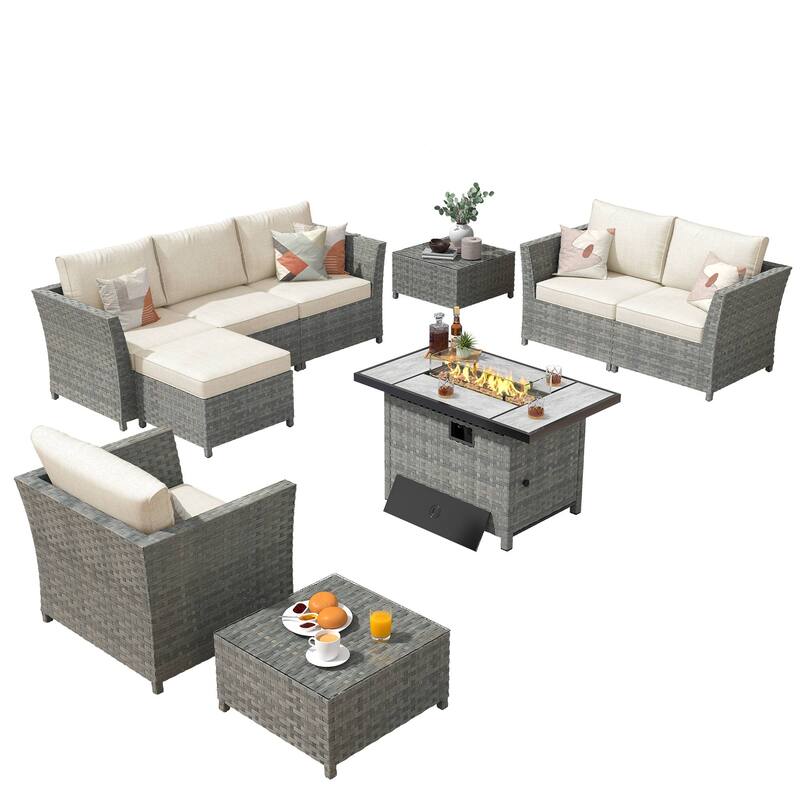 XIZZI 10-piece Patio Rattan Wicker Furniture with Rectangular Fire Pit