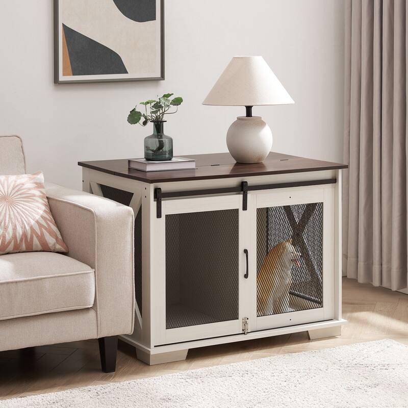 Farmhouse Dog Cage Crate Furniture with Sliding Door and Flip-Top Access for Secure Pet Space