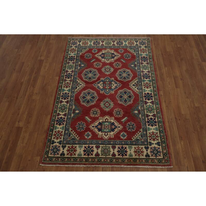 Hand Knotted Oriental 100% Wool Carpet Traditional Geometric Red Kazak Area Rug - 6' 1'' X 4' 0''