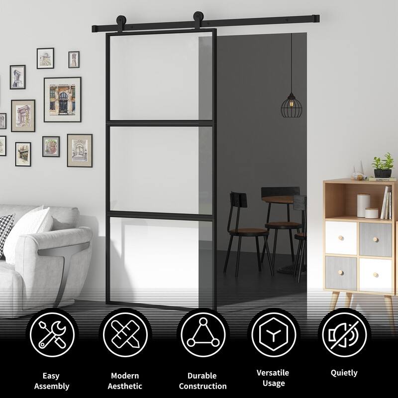 Mixoy Glass Sliding Barn Door and Hardware Included- Clear Tempered Glass,Aluminum Frame,Pre-Drilled,Soft Close