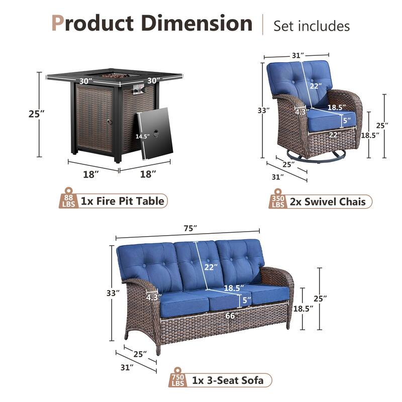 Pocassy Outdoor 30 In Fire Table with Sofa Swivel Chair Set