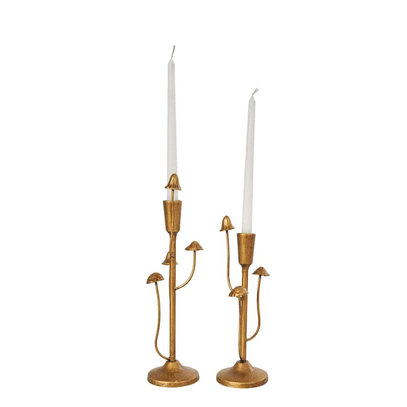 Metal Abstract Mushroom Inspired Candle Holder - Set of 2 Gold - Roche River Decor - 3"W x 4"L x 11"H