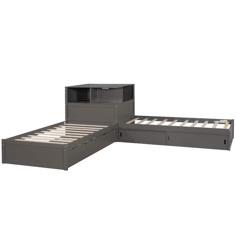 Twin Size L-shaped Bed Frame with Trundle Bed and Storage Cabinets, Desk, Lighting, Corner Platform Storage Bed Frame