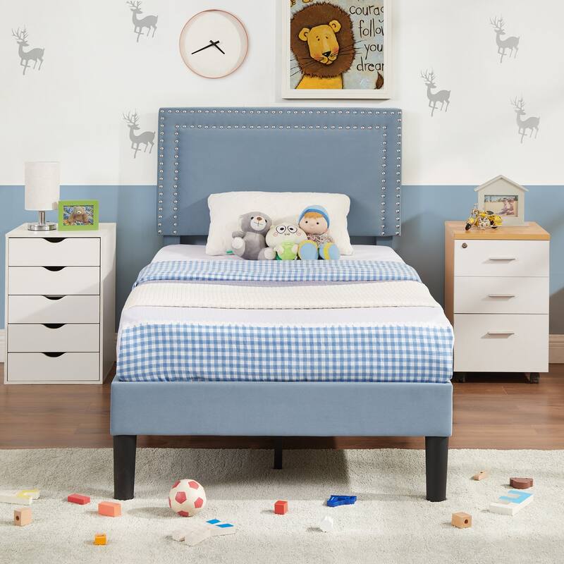 VECELO Upholstered Bed Frames with Height Adjustable Headboard - Light Blue - Twin