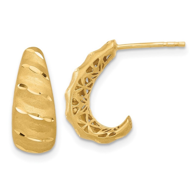 Curata 14k Yellow Gold 12x7mm Satin and Sparkle Cut J Hoop Earrings
