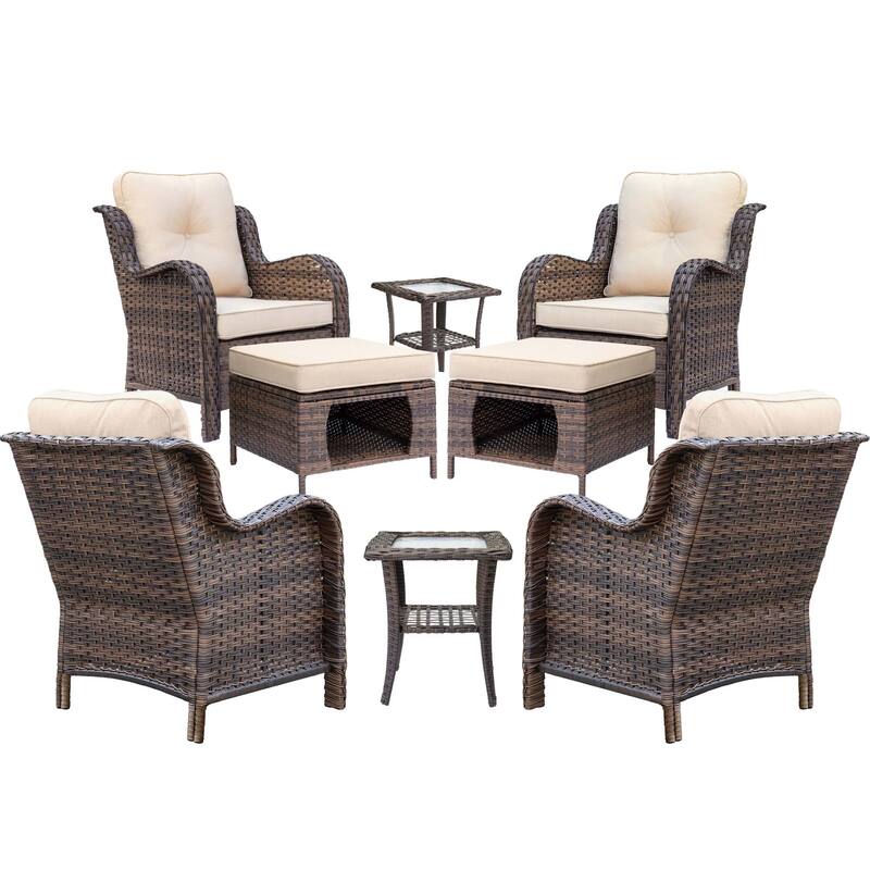 Brown Wicker Outdoor Patio Conversation Seating Sets with Beige Cushions