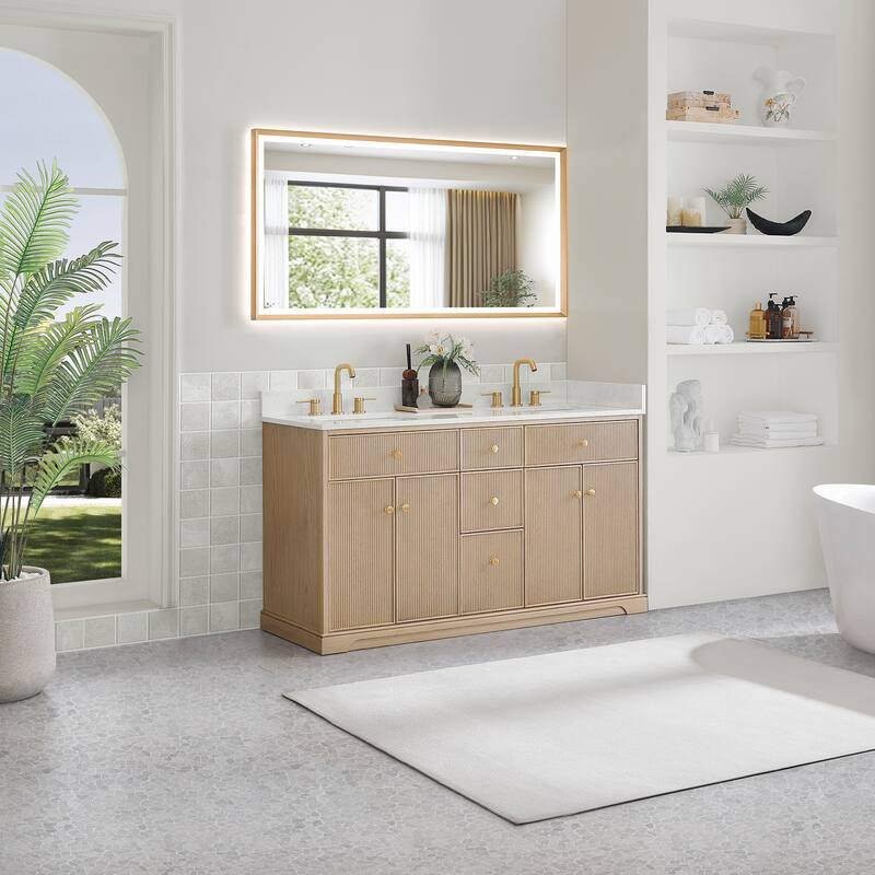 Barnett Bathroom Vanity in Natural Oak with Grain White Engineered Stone Countertop No Mirror