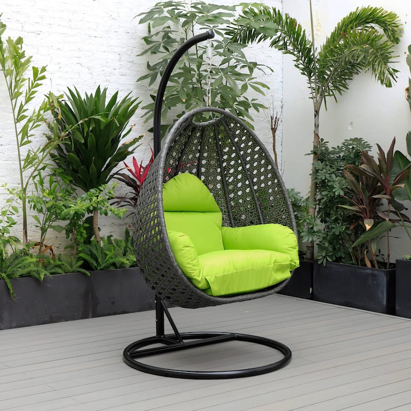 LeisureMod Charcoal Single Seater Rattan Wicker Egg Swing Hanging Chair for Indoor Outdoor Patio Porch Backyard Garden