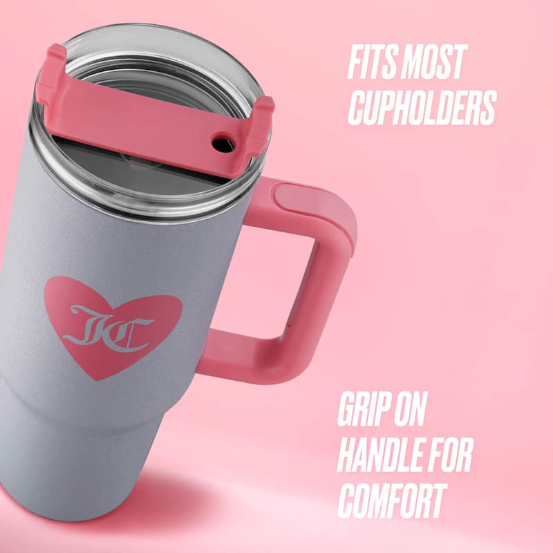 Juicy Couture Jetsetter Hydration Stainless Steel Tumbler with Handle and Straw With Topper