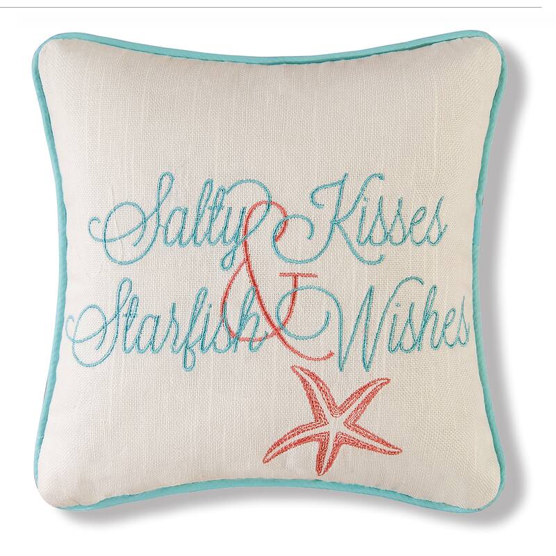 Salty Kisses & Starfish Wishes Embroidered Coastal Decorative Throw Pillow - Cream
