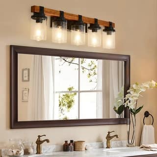 Wood Bathroom Vanity Light Farmhouse Wall Sconce with Seeded Glass Shades