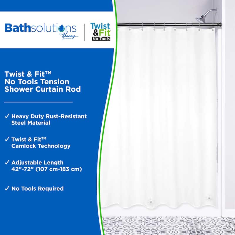 Kenney Twist & Fit No Tools Camlock Tension Shower Curtain Rod, 42-72"