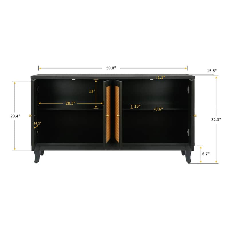 Premium Grain Panels,Rattan Sideboard Buffer Cabinet W/ 4 Rattan Doors