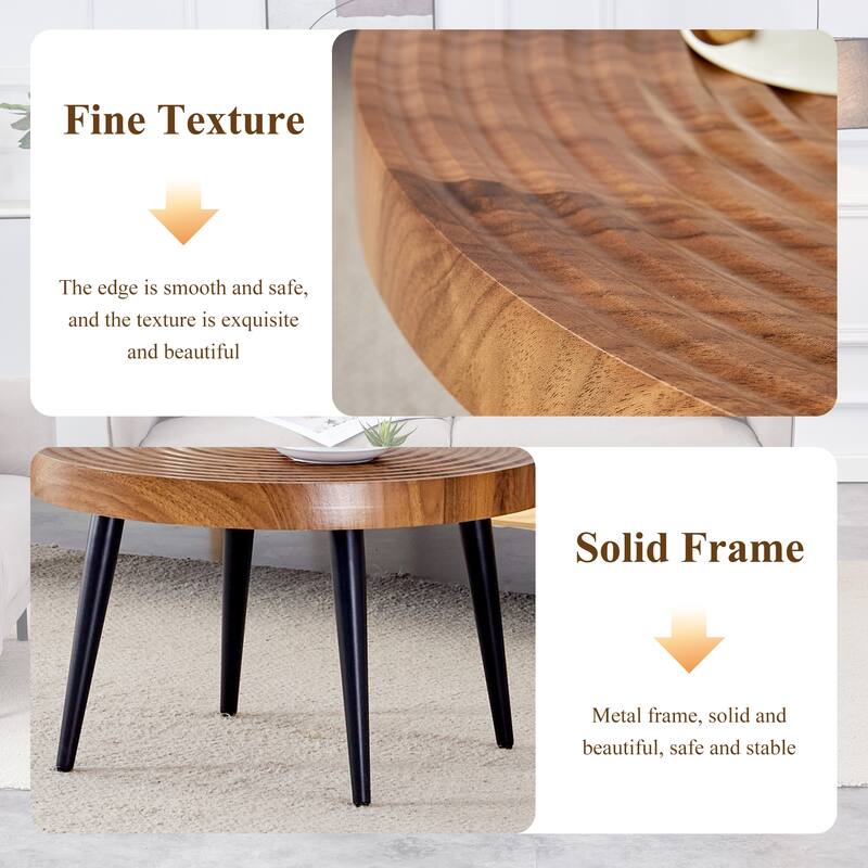 Natural Wood Grain Texture Round Coffee Table,Exquisite Suction Molding Process,Natural Wood Grain Texture,Sprayed Metal Leg