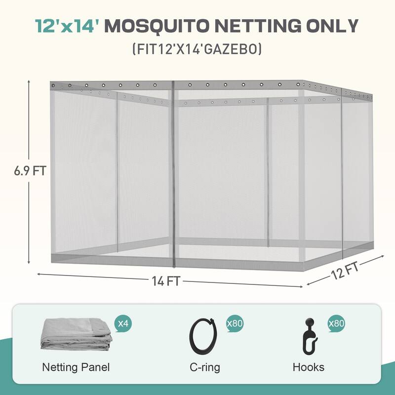 Aoodor Universal 12 x 14 ft. Gazebo Replacement Mosquito Netting Screen 4-Panel Sidewalls (Only Netting)