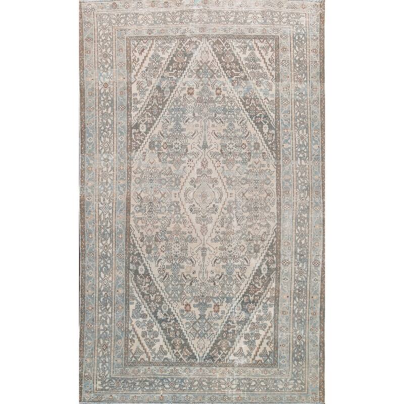 Distressed Geometric Hamedan Persian Area Rug Wool Handmade Carpet - 6'8" x 9'11"