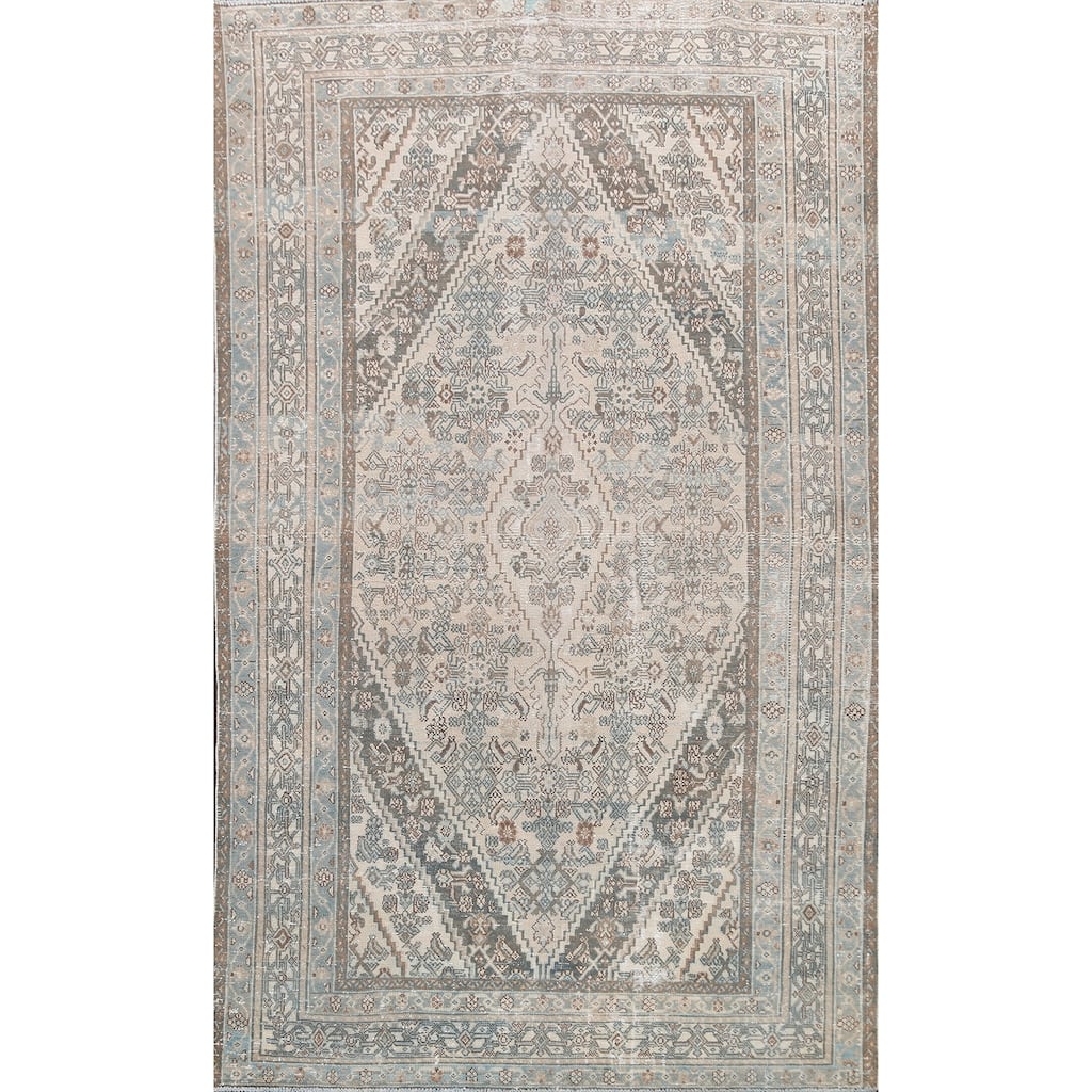 Distressed Geometric Hamedan Persian Area Rug Wool Handmade Carpet - 6'8" x 9'11"