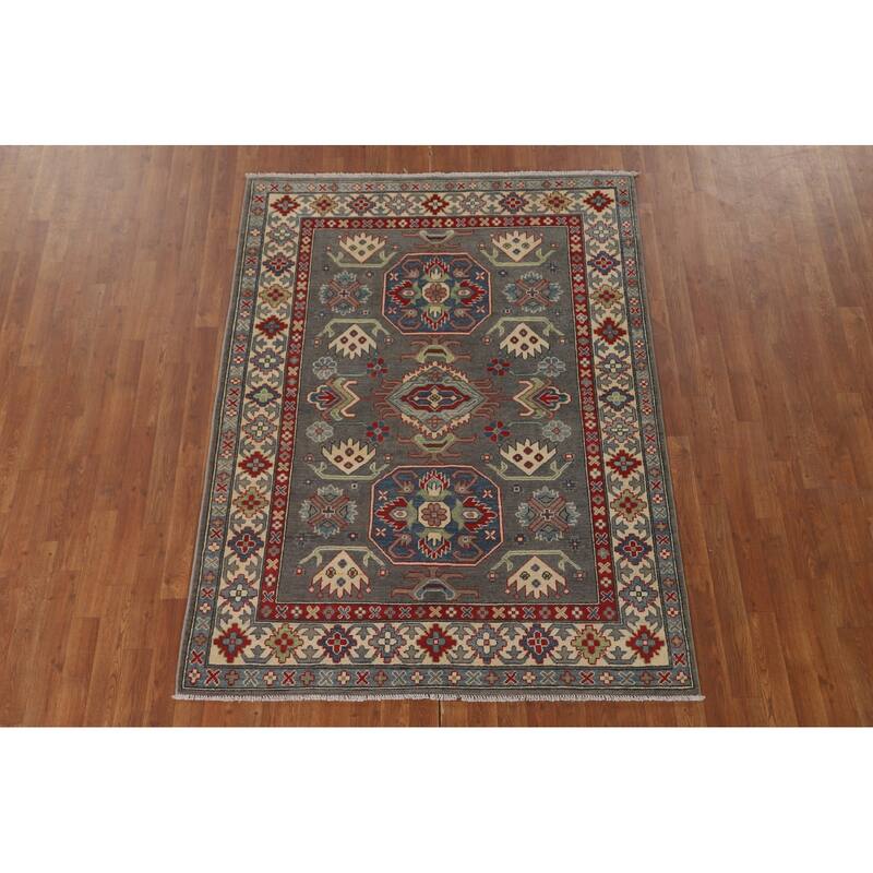 Gray Geometric Kazak Area Rug Hand-Knotted Oriental Wool Carpet - 4'11" x 6'6"