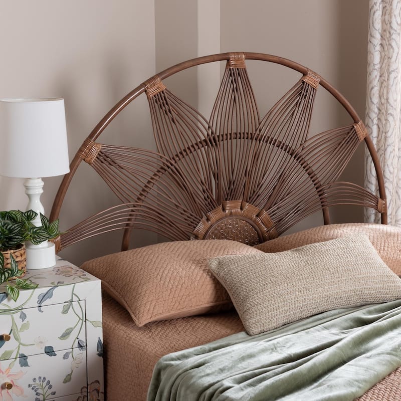 Jasmine Natural Rattan Headboard with Sunburst Design - Boho Coastal Style Standalone Headboard - King - Light Brown