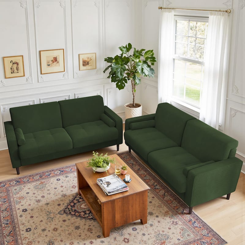 Modern Corduroy Upholstered Loveseat with Bolster Pillows and Wood Legs
